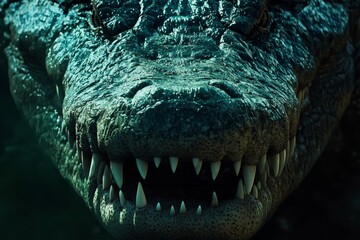 Obraz premium Close-Up of a Menacing Crocodile's Jaws, Dark and Detailed Texture, Sharp Teeth, Powerful Predator