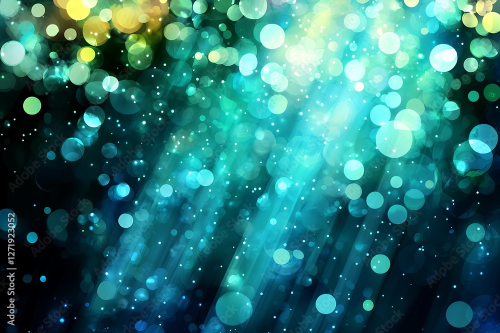 Aufkleber abstract teal and green bokeh background with light rays and sparkle festive bright circles design