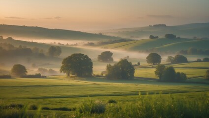 Fototapeta premium Misty early morning landscape with rolling hills and trees in a serene countryside setting