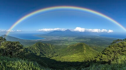 Fototapeta premium A rainbow arching over green fields
