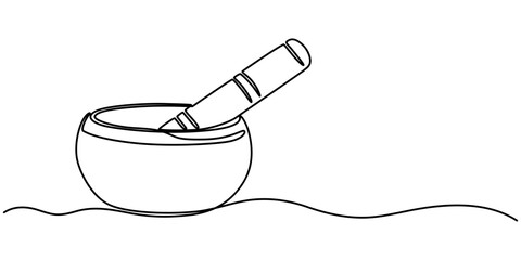 singing bowl icon continuous one line drawing, Tibetan singing bowl with a wooden resonant stick outline vector icon isolated on white background, Tibetan Singing Bowl Doodle Line Icon Vector pro.