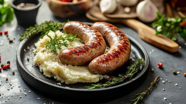 Grilled Sausages, creamy mashed potatoes and fresh parsley. Savory fried sausages and garnish, lunch or dinner. Bratwurst Barbecue. Meat product. Catering. Traditional British dishes, bangers and mash