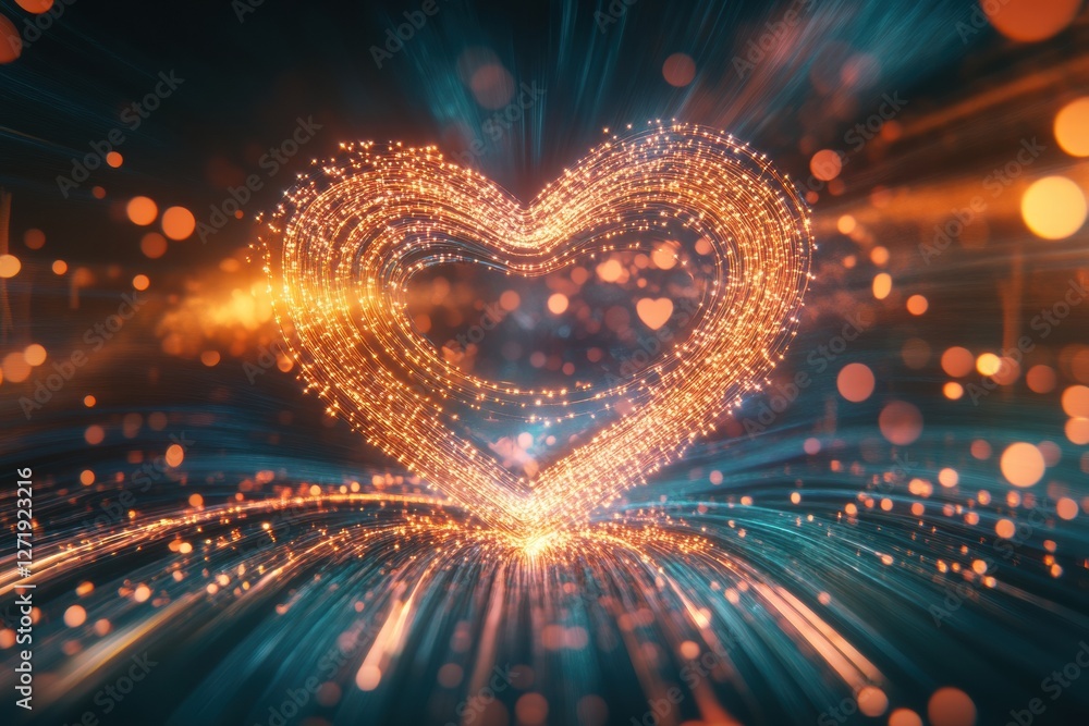 Poster brightly illuminated heart shape with swirling lights and sparkles in a vibrant cosmic backdrop. gen