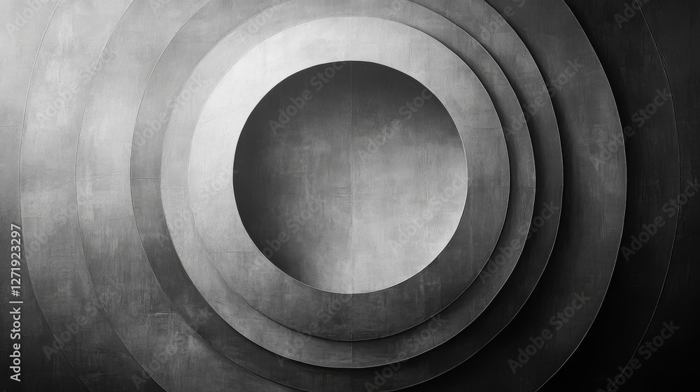 Poster metallic concentric circles create an abstract architectural or industrial design