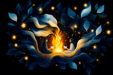 Obraz premium A whimsical cartoon-style illustration of two people sitting by a glowing campfire, surrounded by swirling leaves and twinkling stars, evoking warmth, magic, and tranquility