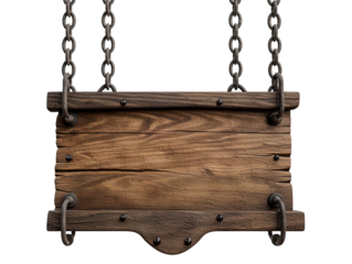 Medieval wooden sign hanging with chains isolated on white background, png