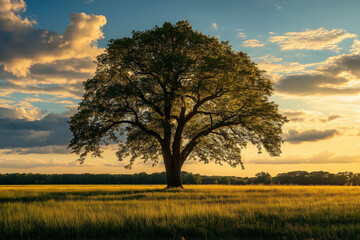 Fototapeta premium A Majestic Oak Tree Standing Alone in the Golden Fields Under a Sky Painted with the Warm Hues of a Setting Sun, a Moment of Peace and Contemplation in Nature's Grand Tapestry