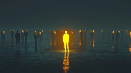 A lone person brightly illuminated amidst a uniform group, emphasizing independence.