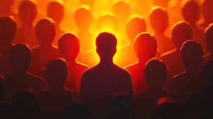 A lone person brightly illuminated amidst a uniform group, emphasizing independence.
