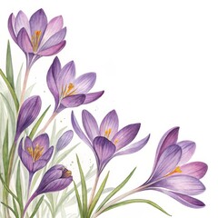 Fototapeta premium Watercolor Crocus Corner Composition Spring Floral Illustration, Crocus, Watercolor Painting Spring flowers, Botanical illustration