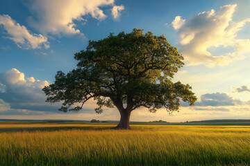 Obraz premium A Majestic Oak Tree Standing Alone in the Golden Fields Under a Sky Painted with the Warm Hues of a Setting Sun, a Moment of Peace and Contemplation in Nature's Grand Tapestry