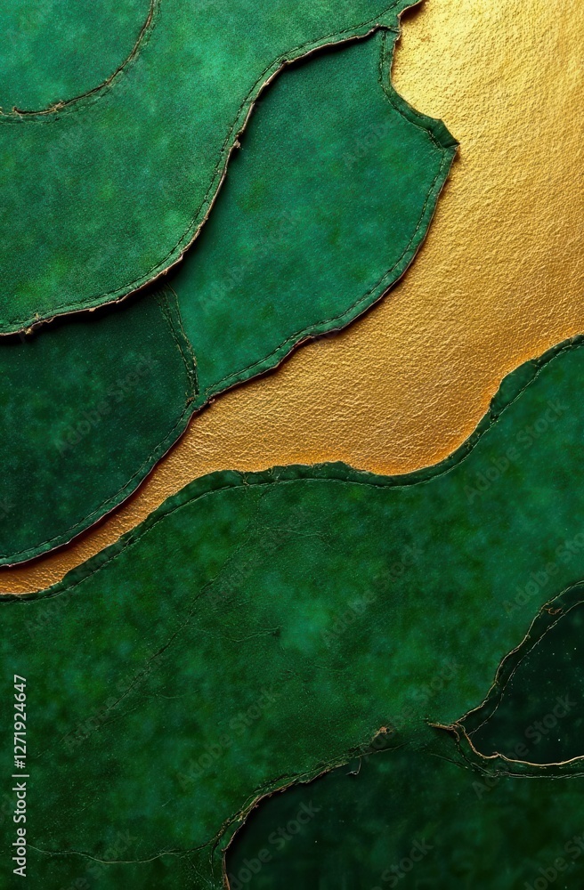 Poster textured layers of rich green and shimmering gold create a striking abstract composition. the artwor