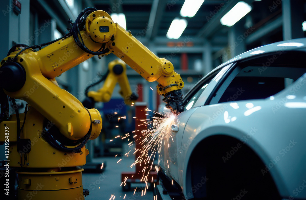 Poster a yellow robotic arm works meticulously on a white car producing sparks as it completes a precise ta