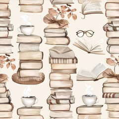 Seamless Watercolor Pattern with Cozy Books and Tea Cups