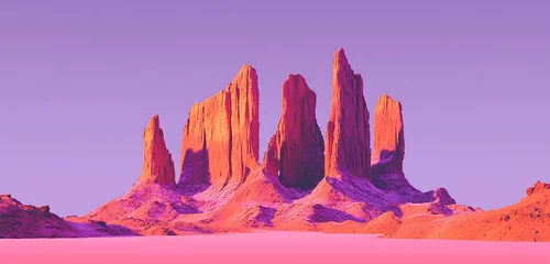 Fototapeten A surreal desert landscape with tall red rock formations under a purple sky, centered on a solid pale pink background © Urooj
