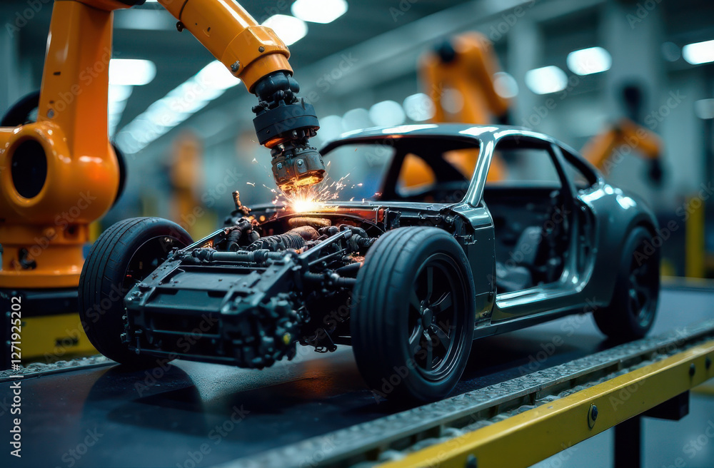 Aufkleber a robotic arm is welding parts of a race car in a high-tech factory. the workspace is busy with oran