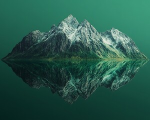 A breathtaking mountain landscape with a crystal-clear lake reflection, centered on a solid dark green background