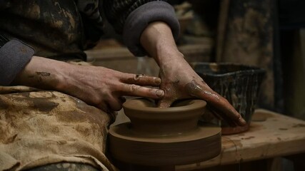 Close-up of a potters hands shaping a clay pot on a spinning pottery wheel