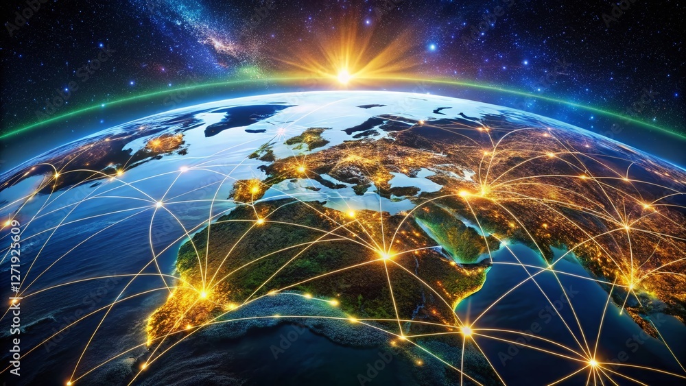 Aufkleber global network connections: illuminated digital map of worldwide data transfer