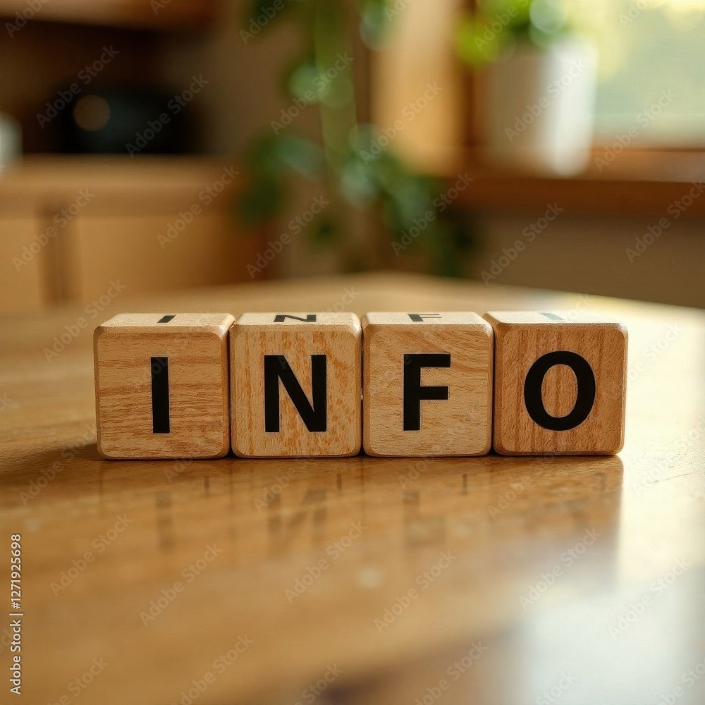 Poster Wooden blocks arranged to spell the word info are placed on a table. The background shows warm sunlight filtering through a window creating a welcoming atmosphere.