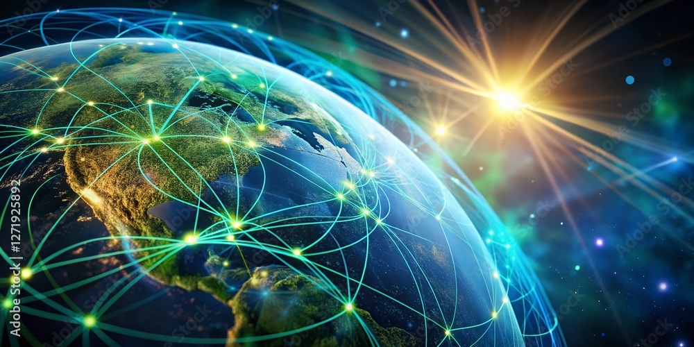Poster global network: illuminated earth with bokeh travel paths