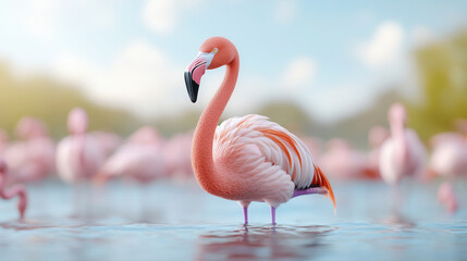 Flamingo stands elegantly among a flock of pink birds in a serene water setting during daylight hours