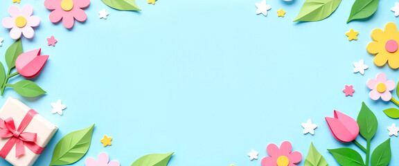 Cheerful Mother's Day design featuring playful paper-cut flowers and a wrapped present on a sky-blue background, joyful celebration concept.