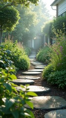 Obraz premium Tranquil garden pathway with stone steps and lush greenery leading to house