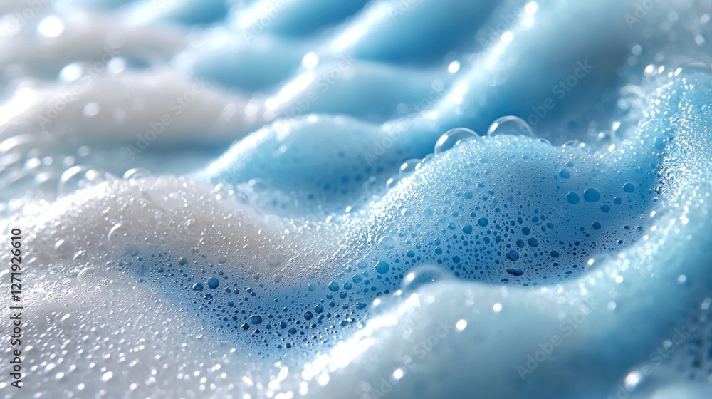 Poster Bubbles and foam intertwine in a mesmerizing display of petal-like formations and vibrant blue hues, creating an enchanting texture that evokes tranquility and freshness in every wave