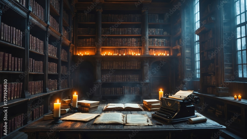 Aufkleber cozy library setting with vintage typewriter and flickering candlelight creating an inviting atmosph