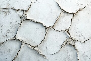Obraz premium Detailed abstract of a severely cracked white concrete surface, highlighting structural damage and the beauty of decay and age in architectural elements.