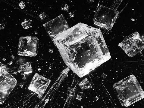 Spadające przeźroczyste kostki lodu na ciemnym tle