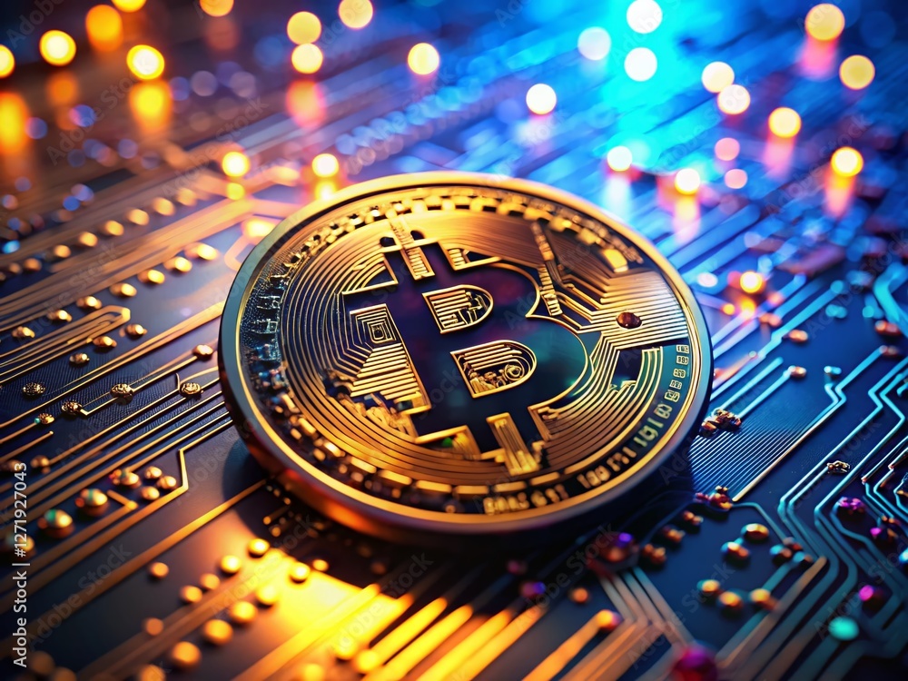 Poster glowing bitcoin cryptocurrency on futuristic circuit board with bokeh effect