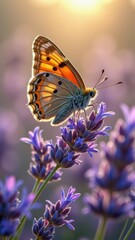Butterfly perched on lavender in soft sunlight