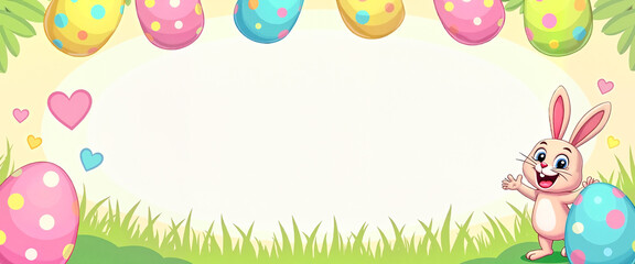 Cute cartoon bunny joyfully standing beside colorful polka-dotted eggs against a bright spring background, festive Easter celebration concept.