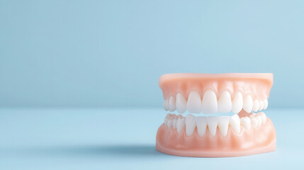 Obraz premium Detailed model showcasing human teeth arrangement against a blue background, highlighting the structure of incisors, canines, and molars. dentist, dentist, dentist, text background, flyer, banner