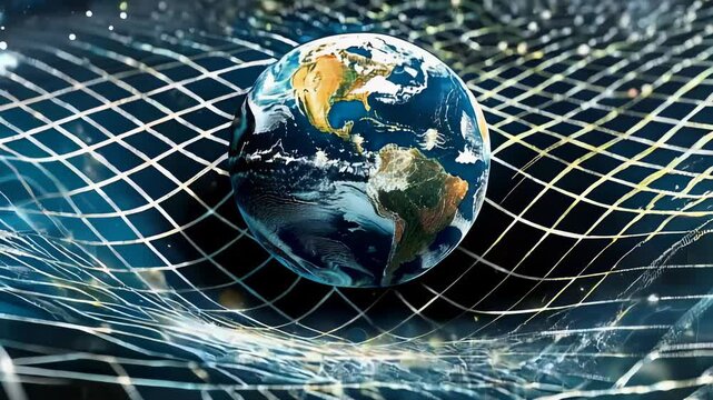 Cosmic interaction: video illustrating Earth's place in curved space-time, with grid and glowing lines symbolizing gravity's influence, particles, and atmospheric , representing universal forces.