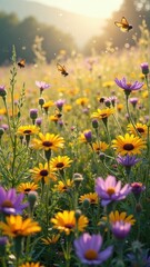 Vibrant butterflies and wildflowers in sunny meadow