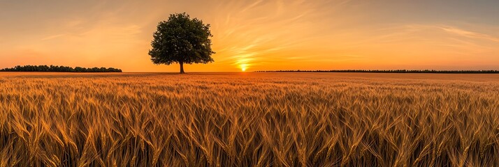 A golden wheat field with a lone tree under a vivid sunset, centered on a solid cream background