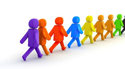 A uniquely colored individual figure moving in a different direction from a group, symbolizing thinking differently.