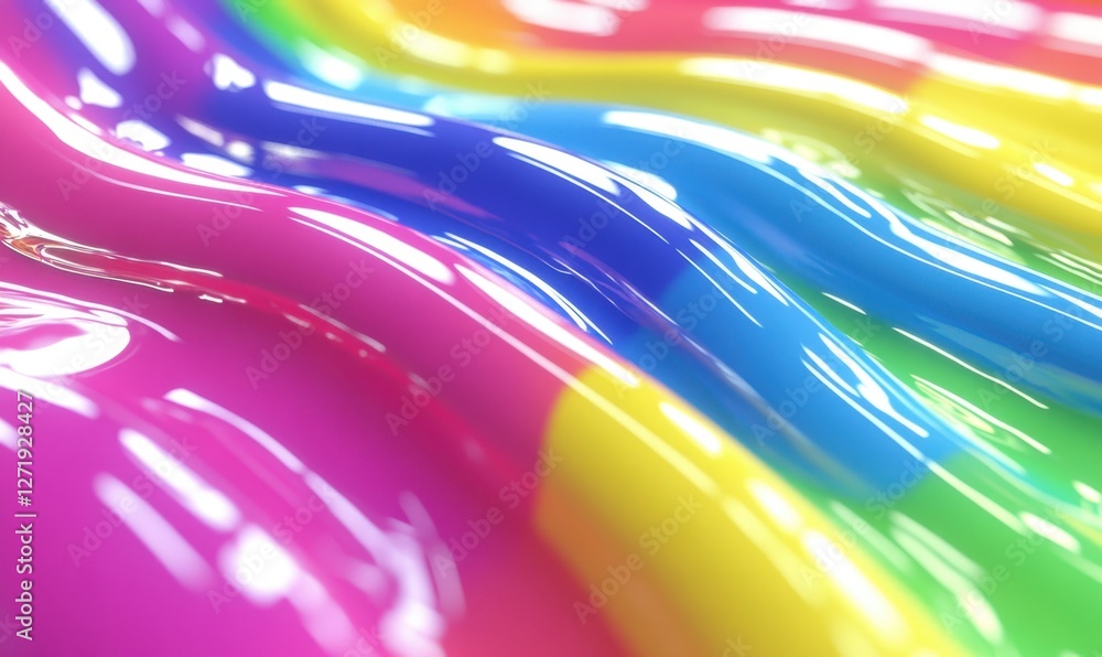 Poster vibrant, flowing abstract waves of rainbow colors creating a dynamic visual effect