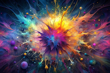 Fototapeta premium Colorful explosion, abstract paint splatters, vibrant space, cosmic background