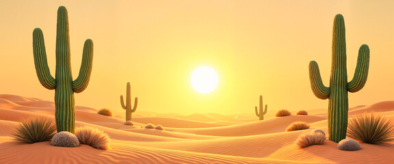 Desert landscape with tall cacti and a blazing sun warming sandy hues, global tourism concept.