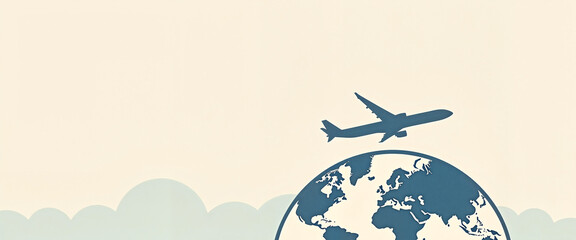 Minimalistic silhouette of an airplane crossing a simplified globe over a clean neutral background, symbolizing World Tourism Day and corporate travel.