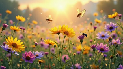 Fototapeta premium Vibrant wildflowers and bees in a sunlit meadow at sunrise