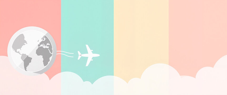 World Tourism Day banner featuring a globe icon and a plane silhouette among pastel color blocks, stylish minimalism concept. - Powered by Adobe