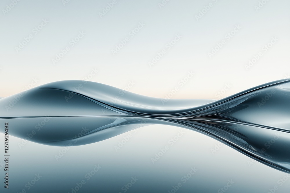 Poster abstract metallic blue wave with reflections against a soft gradient background, creating a modern, 