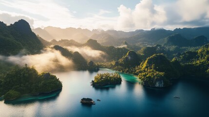 Fototapeta premium A digital nomad showcasing their drone photography skills at a picturesque destination,