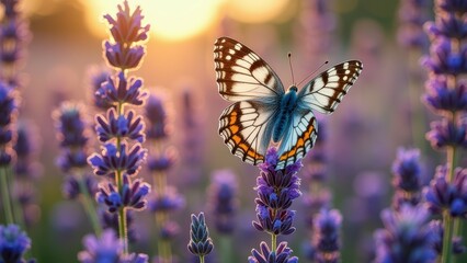 Beautiful butterfly on lavender in sunset light