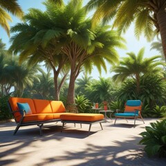 Fototapeta premium Colorful airport furniture under the shade of a tropical tree, comfortable seating, colorful furniture, greenery